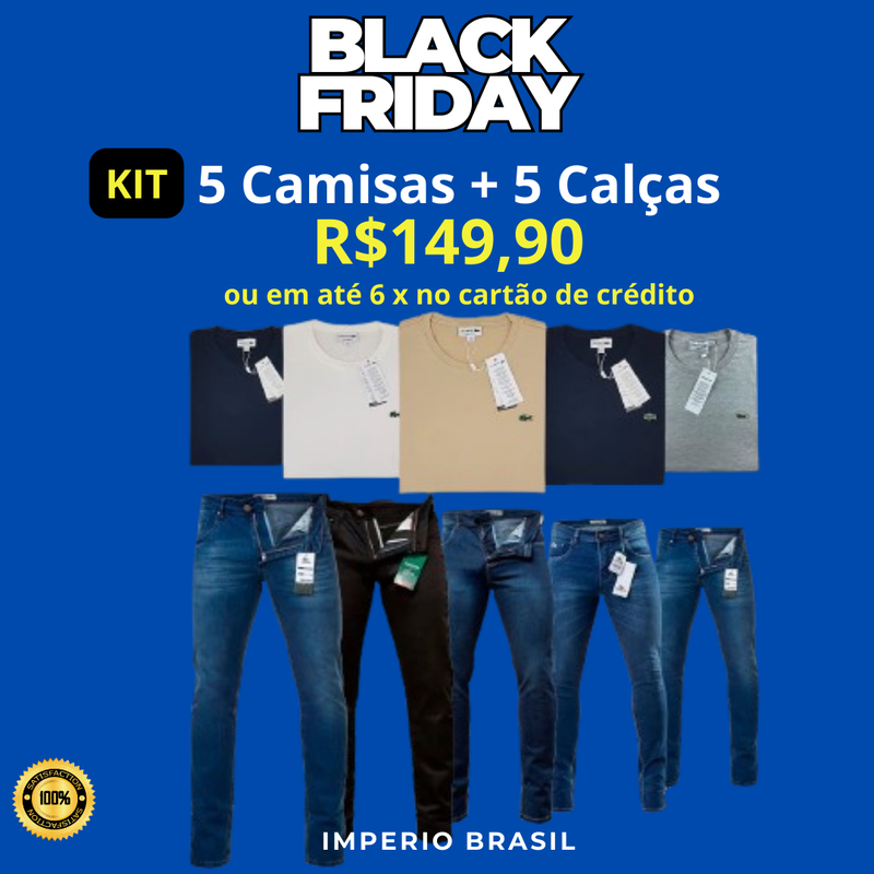 KIT 05 CALÇA + 5 CAMISAS REGULAR FIT LACOSTE 100% ALGODÃO PIMA (DE 299 POR 149)