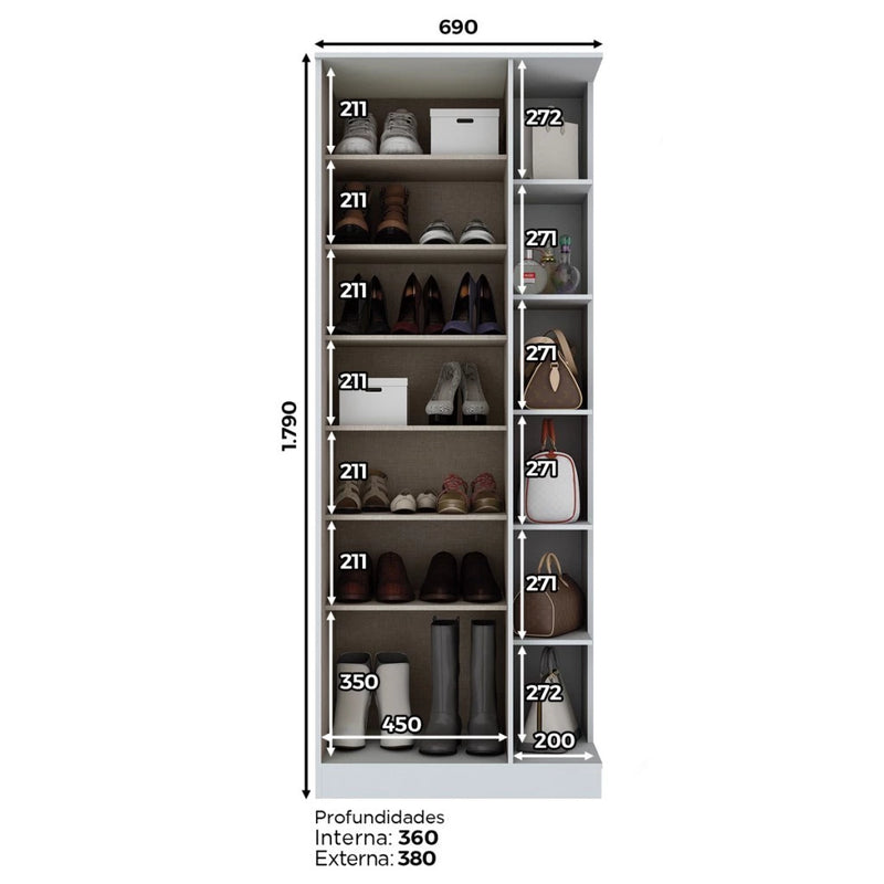 Nova Sapateira Magia 1 Porta com Espelho  e Led Branco Flex - Panorama Móveis
